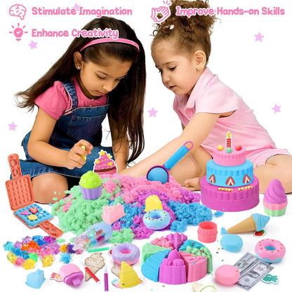 Golray Ice Cream Sensory Bin for Girls, Play Sand Art Kit with Sandbox, 2lb Magic Sand, Cake & Waffle Molds, Pretend Play Desserts Toys, Sensory Toy Set Gifts for Girl Toddlers Ages 3 4 5 6 7 8