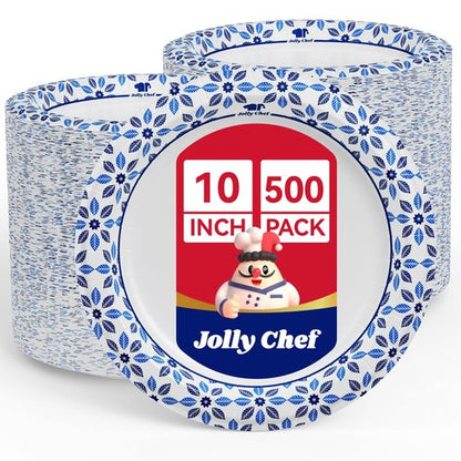 JOLLY CHEF 10 inch Disposable Paper Plates 500 Count, Soak Proof, Cut Proof, Heavy Duty Paper Plates for Party or Everyday Use