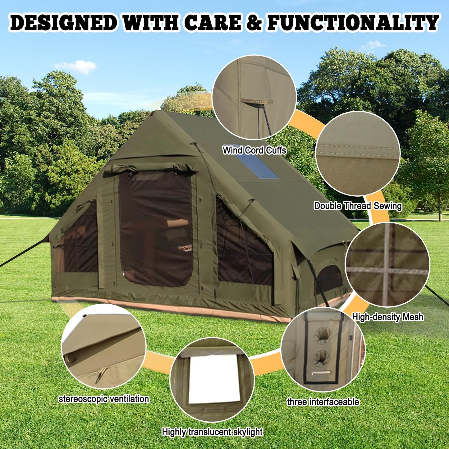 Inflatable Tent, Outdoor Easy Setup Inflatable Tents for Camping, Portable Blow Up Tent with Stove Jack, Cotton Canvas Material for Glamping, for 4 Season, 4/6/8/10 Person Use