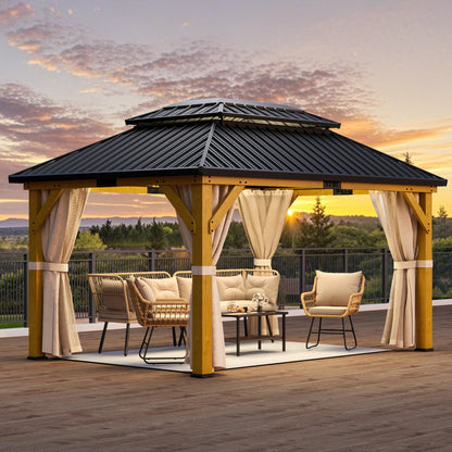 YITAHOME 13x15ft Wood Gazebo Outdoor Wooden Frame Double Roof Hardtop Galvanized Steel Top Canopy w/Curtain and Netting, Patio Heavy Duty Gazebo for Deck, Backyard, Beige Yellow