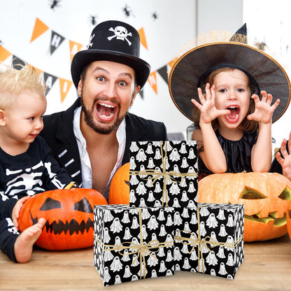 Whaline Halloween Wrapping Paper -Mini Roll- 17 In x 32.8 Ft Groovy Black White Ghost Gift Wrap Paper for Baby Shower Birthday Halloween Wrapping Supplies