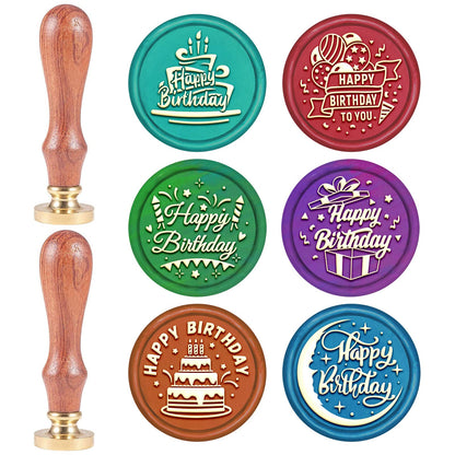 SUPERDANT 6 PCS/Set 0.98" Birthday Wax Seal Stamp Kit - Happy Birthday Sealing Stamp With Cake, Balloon Brass Head, 2 Wooden Handles for Gifts, Envelopes, Cards