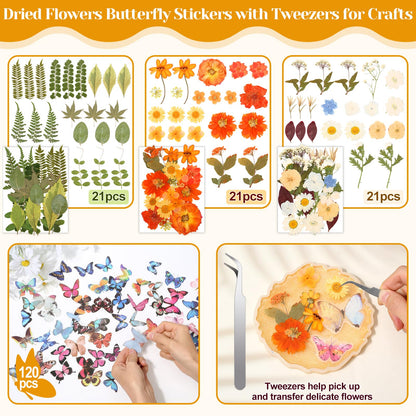 318 PCS Pressed Flowers Butterfly Stickers for Craft, Real Dried Pressed Flowers Bulk Natural Dry Flowers Floral with DIY Butterfly Stickers Tweezers for Art, Resin Mold, Candles, Soap, Jewelry Making