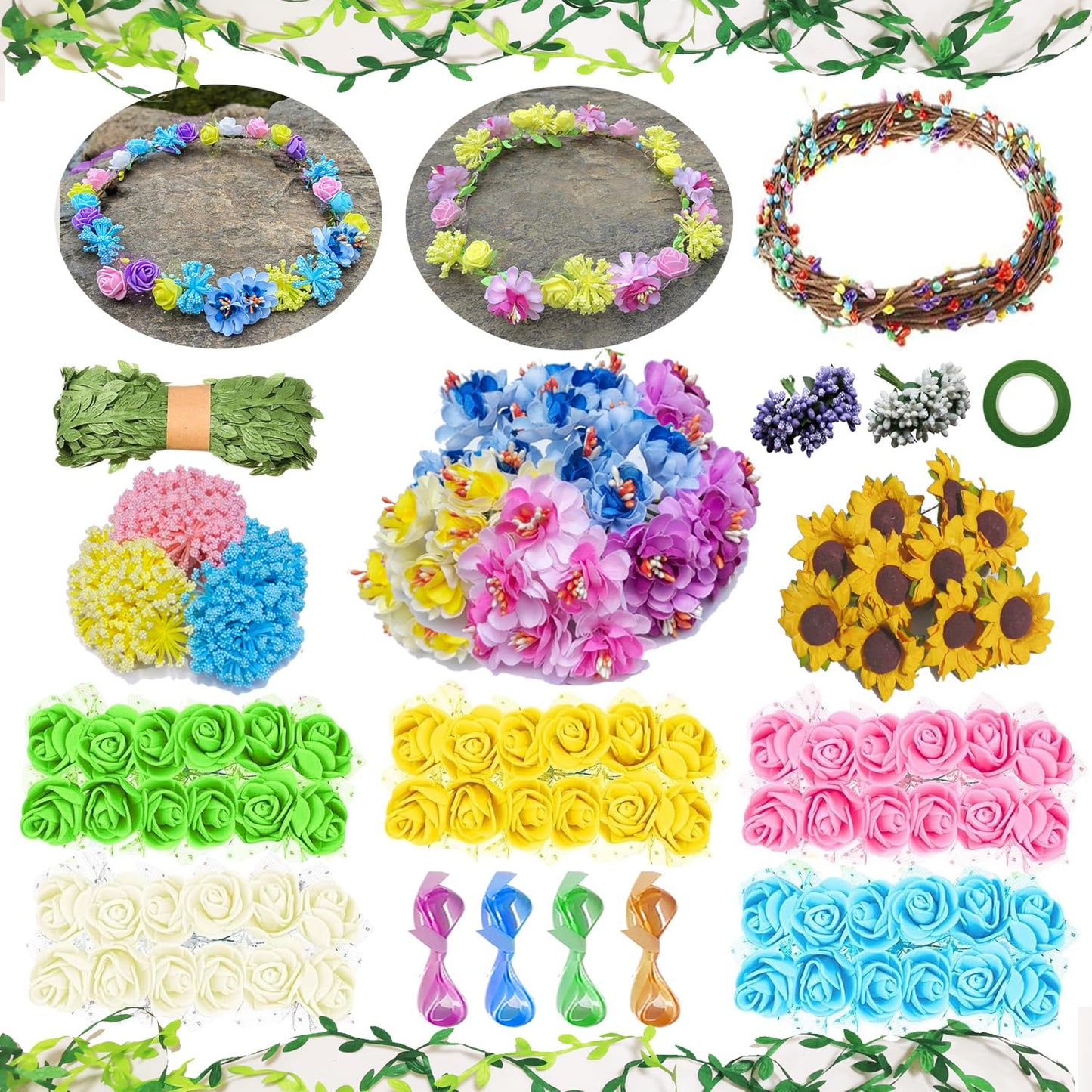 WUBOMJIO Flower Crowns Craft Kit, Make Your Own 12 PCs Floral Crowns Garland Handmade Arts and Crafts Kit, DIY Fairy Flower Headbands and Bracelets,Hair Accessories for Adult Women