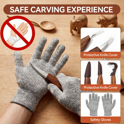 WAYCOM 12pcs Wood Whittling Kit Wood Carving Tools Set Hook Carving Knife,Detail Wood Knife,Whittling Knife Cut Resistant Gloves Leather Sheath And Bamboo Present Box For Spoon,Bowl,Cup