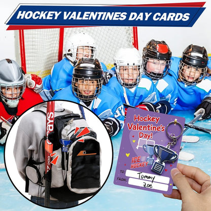 PINGAMOO Hockey Valentines Day Cards, 32PCS Valentine Cards with 32PCS Hockey Keychains, Boys Valentine's Card for Classroom School Party Favors Valentines Exchange