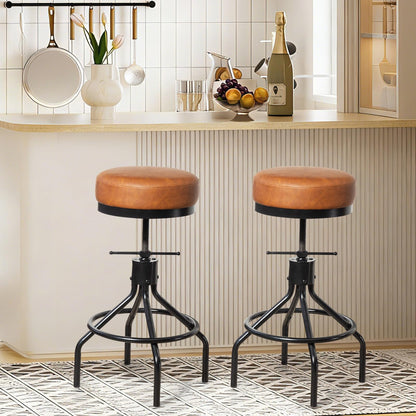 Adjustable Height Bar Stools Set of 3, Swivel Modern Industrial Barstools, Upholstered PU Leather Bar Chairs, Counter Height Stools 22-28 Inch for Kitchen Island, Dining Room (MY-D017-Brown-3)