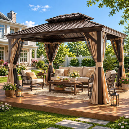 LAUSAINT HOME 10'x12' Hardtop Gazebo, Outdoor Aluminum Frame Permanent Metal Pavilion with Double Roof, Privacy Curtains & Mosquito Nettings for Patio, Lawn & Garden, Brown