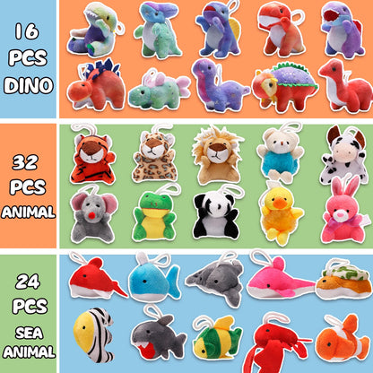 72 Pack Mini Stuffed Animal, Assorted Plush Toy (Dinosaur, Zoo, Ocean), Party Favors for Kid, Perfect for Claw Machine Filler, Goody Bag Stuffers, Keychain, Carnival Prizes, Classroom Reward Gift Bulk