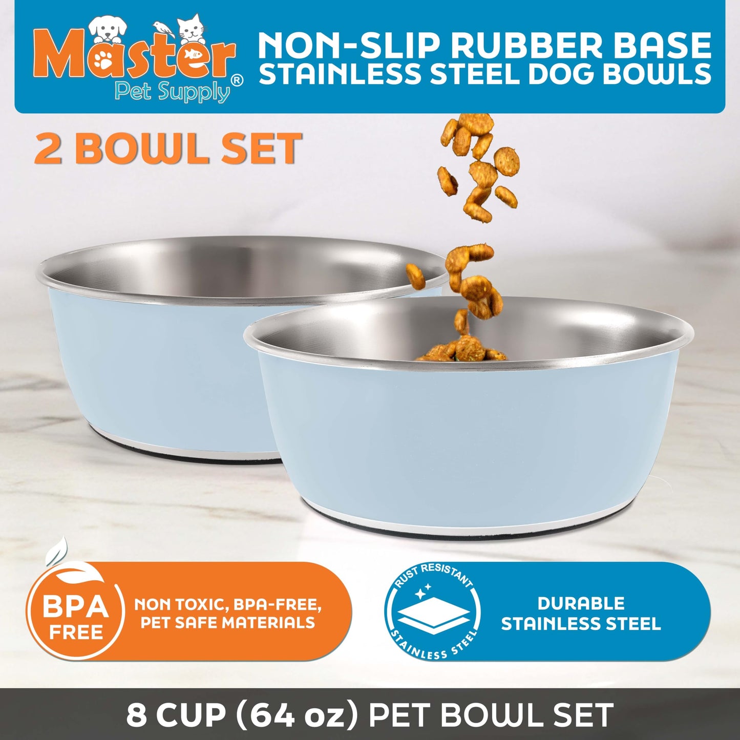 Master Pet Supply Stainless Steel Dog Bowls Set of 2 (64 Oz Each) with Non-Slip Rubber Base - Glacier Blue - Basic Dog Food Bowl Water & Food Bowls for Small Medium Large Dogs & Cats, Metal Dish