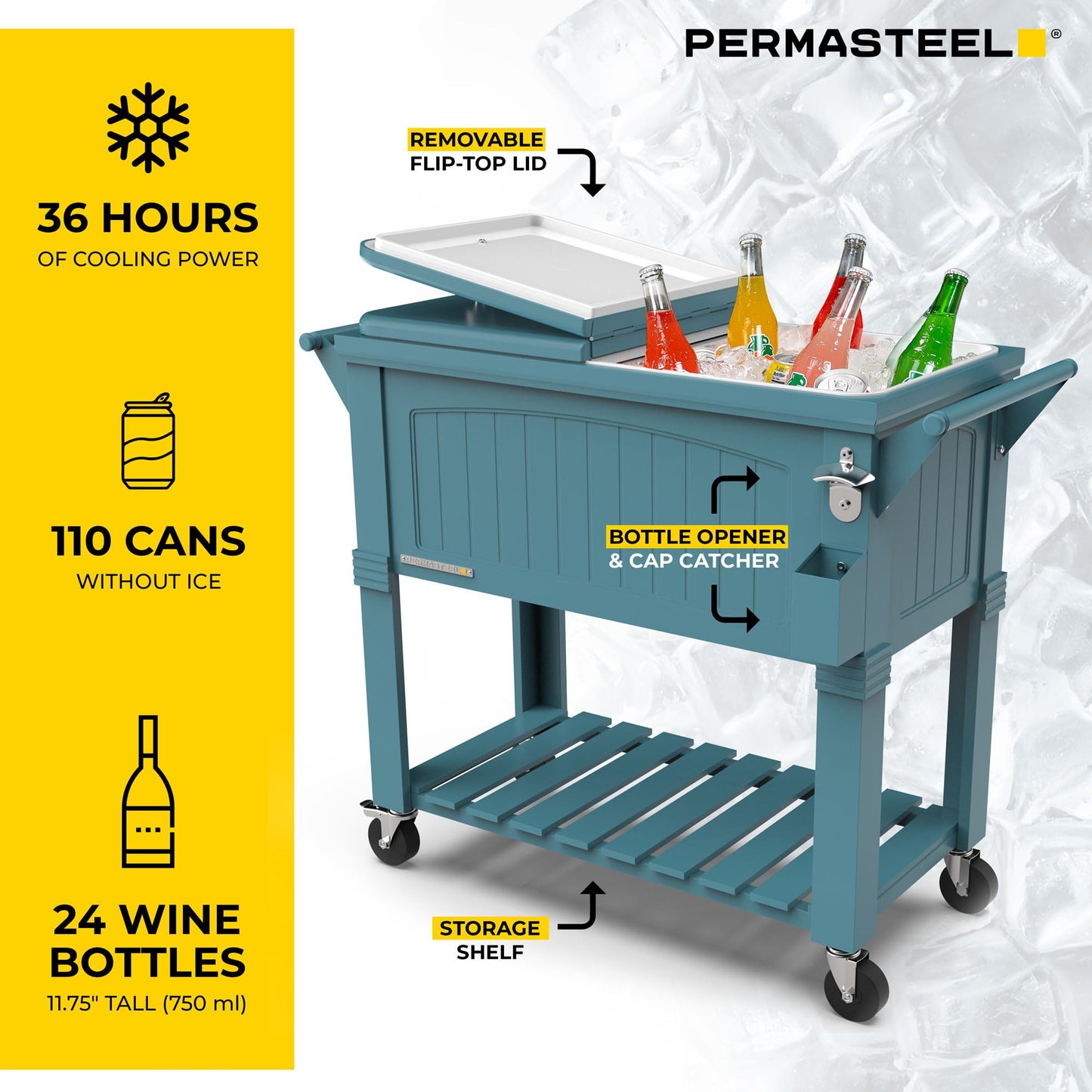 Permasteel Party Cooler with Divider, Spacious 80-Qt Capacity, Chills 36hrs, Serving Tray, Rolling Ice Chest for Indoor and Outdoor Entertainment, Matte Teal