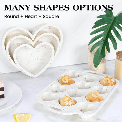 AOTASO 2 Pcs Heart Shaped Muffin Pan with Metal Reinforced Frame 12 Cup Nonstick Silicone Heart Cake Mold for Baking 2.5 Inch Cupcake Tray (Cream)