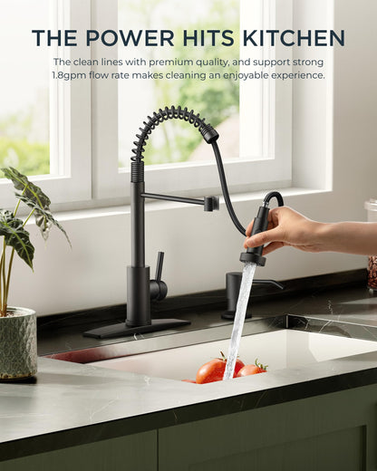 FORIOUS Black Kitchen Faucet with Pull Down Sprayer, Stainless Steel Commercial Single Handle Classic Spring Pull Out Kitchen Sink Faucet for Pot Filler, Farmhouse Camper Bar Laundry Room