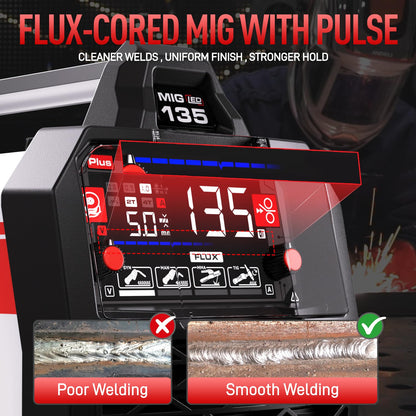 ANDELI 135A MIG Welder 110V/220V, PULSE Flux Core MIG/Lift Tig/Stick 3-in-1 Gasless MIG Welding Machine with Synergy，Large LED Display,2T/4T Full Kit (Bonus Welding Helmet & Gloves)