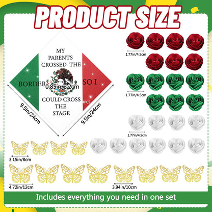 Dunzoom 37 Pcs Mexican Flag Graduation Cap Decorations Kit, Glitter Mexican Flag Grad Cap Topper with Paper Flowers 3D Butterflies for Grad Hat Topper Cover Craft Gift Decor(Style A)