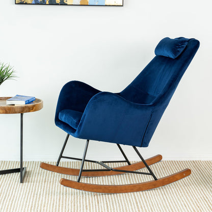 GDFStudio 27.5" Mid-Century Modern Velvet Indoor Rocking Chair, Upholstered Comfy Accent Chair with Solid Legs, High Backrest Armchair Gliders Nursery Rocking Chairs for Living Room Bedroom, Blue