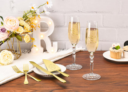BEKESIN Wedding Cake Cutting Set with Forks, Classical Style Crystal Champagne Flutes Toasting Glasses for Bride and Groom, Wedding Gifts for Couples, Engagement and Bridal Shower Gifts