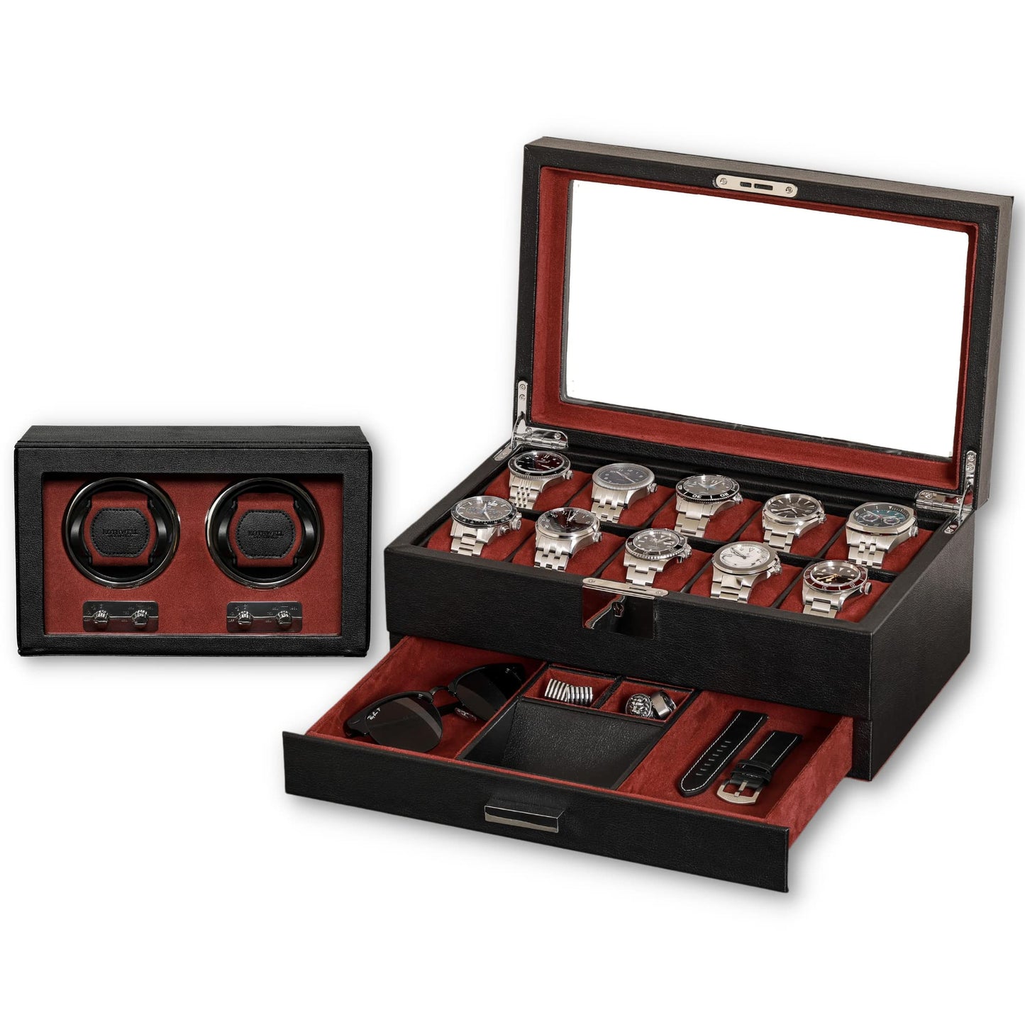Gift Set 10 Slot Leather Watch Box with Valet Drawer & Matching Double Watch Winder - Luxury Case Display Organizer, Locking Mens Jewelry Watches Holder, Men's Storage Boxes Glass Top Black/Red