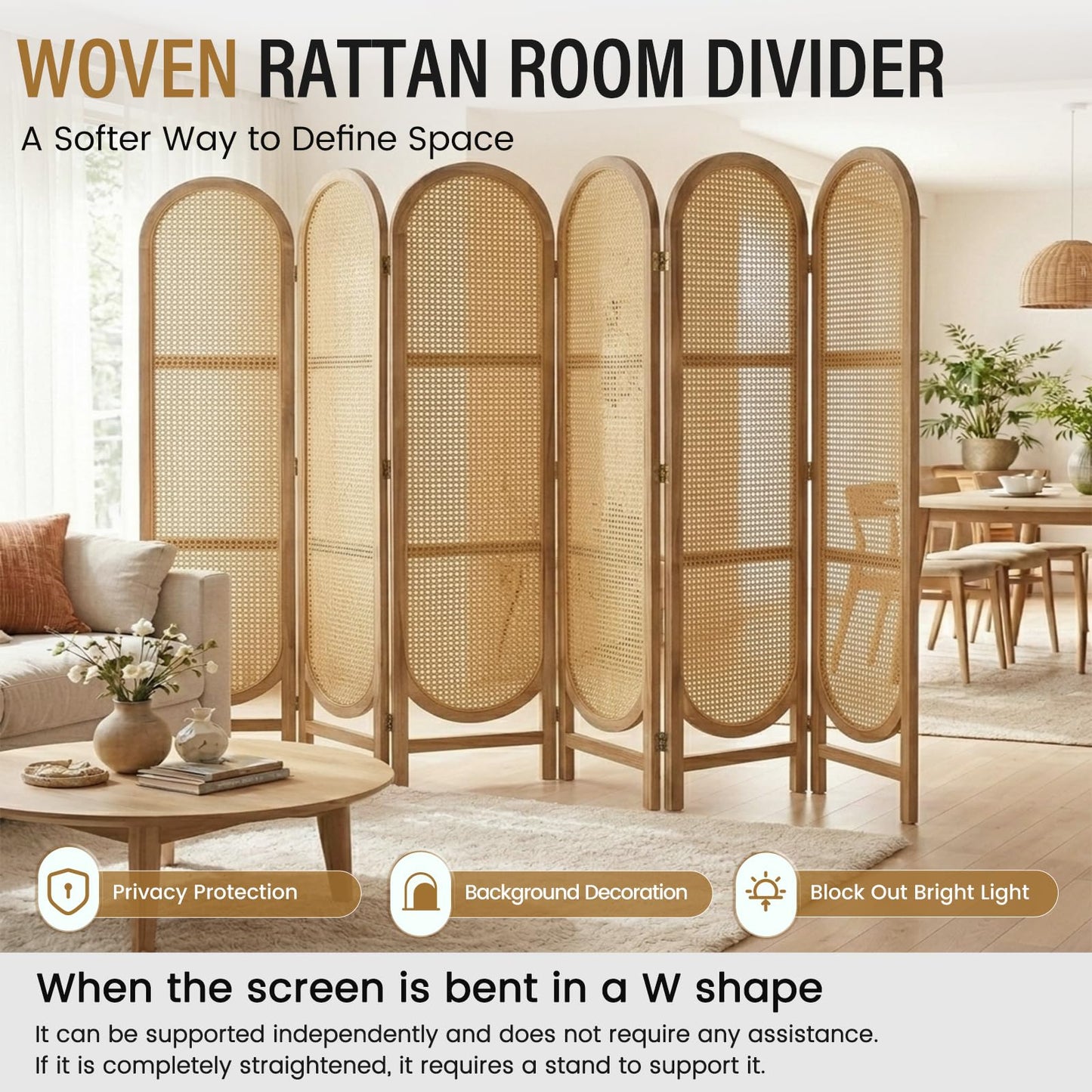 Aletheiawu Arched Rattan Room Divider 5.6 Ft Folding Privacy Screen, 6 Panel Freestanding Room Partition with Double Hinges, Lightweight Paulownia Wood Divider for Bedroom, Restaurant, Office, Natural