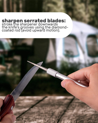 Wamery Serrated Knife Sharpener - Retractable Diamond Rod Pocket Sharpener for Serrated & Straight Blades - Multifunctional Sharpening Tool for Outdoor Kitchen Fishing Hunting (Silver)
