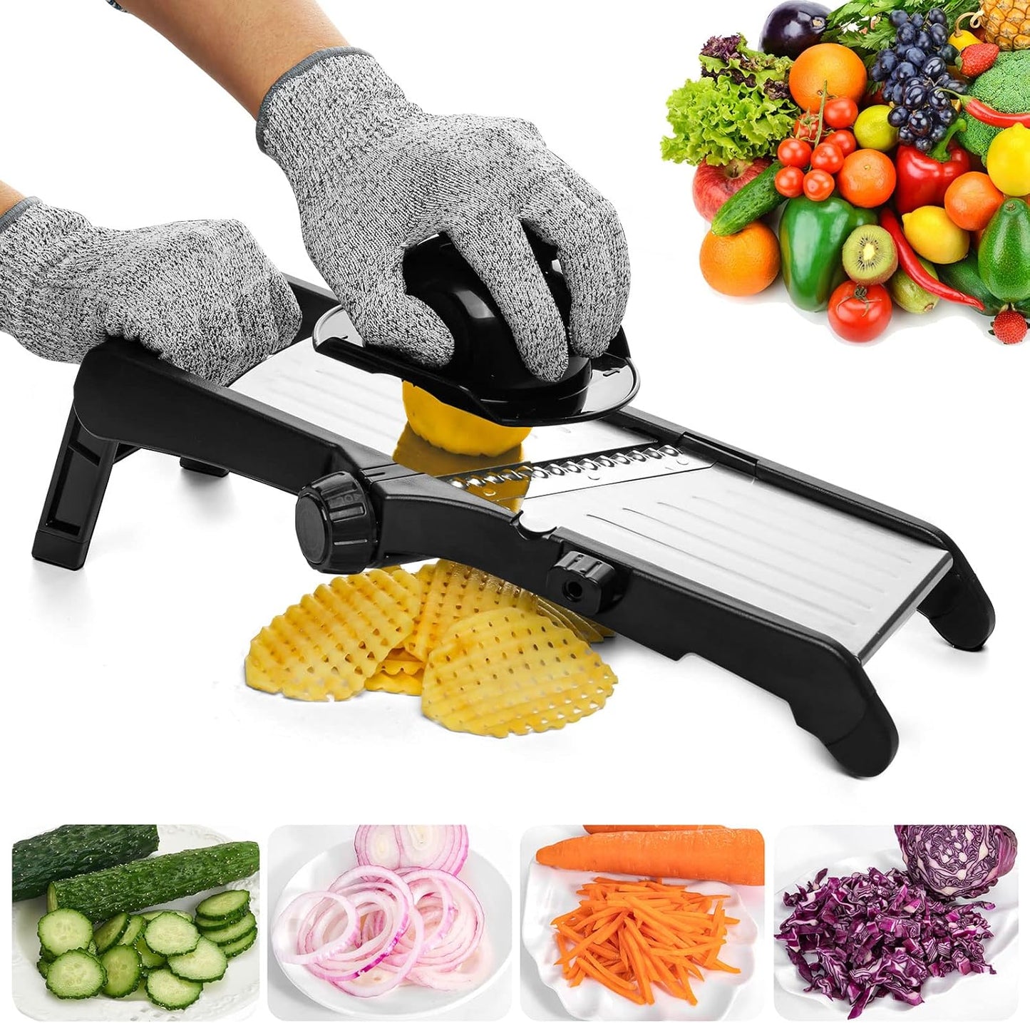 VEKAYA Adjustable Mandoline Slicer with Cut-Resistant Gloves, Stainless Steel Vegetable Chopper for Kitchen