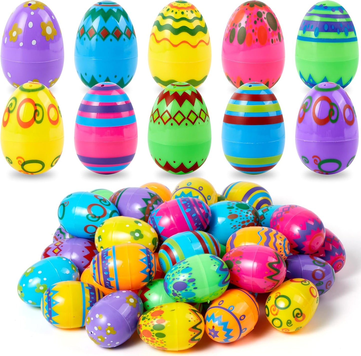 24PCS 2.3" JOYIN Printed Empty Colorful Plastic Eggs Fillable, Bright Plastic Eggs Bulks for Festival Hunt, Filling