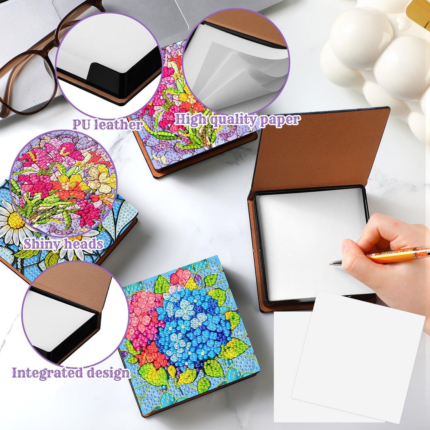 Saillong 4 Pcs Flower Theme Diamond Art Note Box Kit Sunflower Daisy Diamond Painting Memo Box Hydrangea Paper Holders with 160 Sticky Notes for DIY Office Supplies Gifts