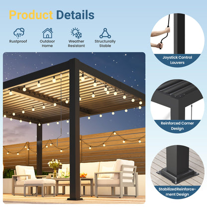 10' x 12' Louvered Pergola, Metal Outdoor Pergola with Adjustable Louvered Roof & Gutter System, Hardtop Patio Gazebo for Backyard, Deck, Garden, Dark Gray
