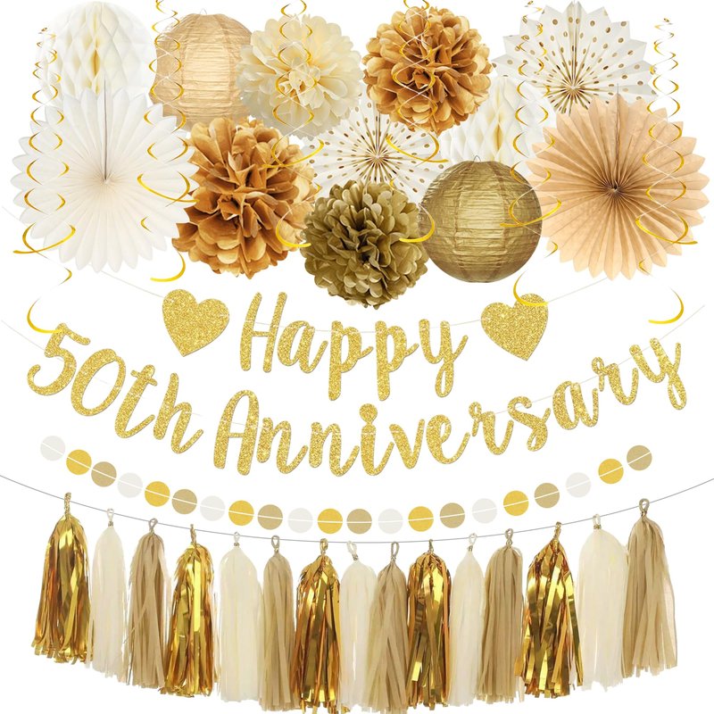 Roetyce 50th Anniversary Decorations, Gold Glitter Happy 50th Anniversary Banner Photo Background for Women Men, Cheers to 50 Years Backdrop Pompoms Paper Fans Party Supplies Dad Mom