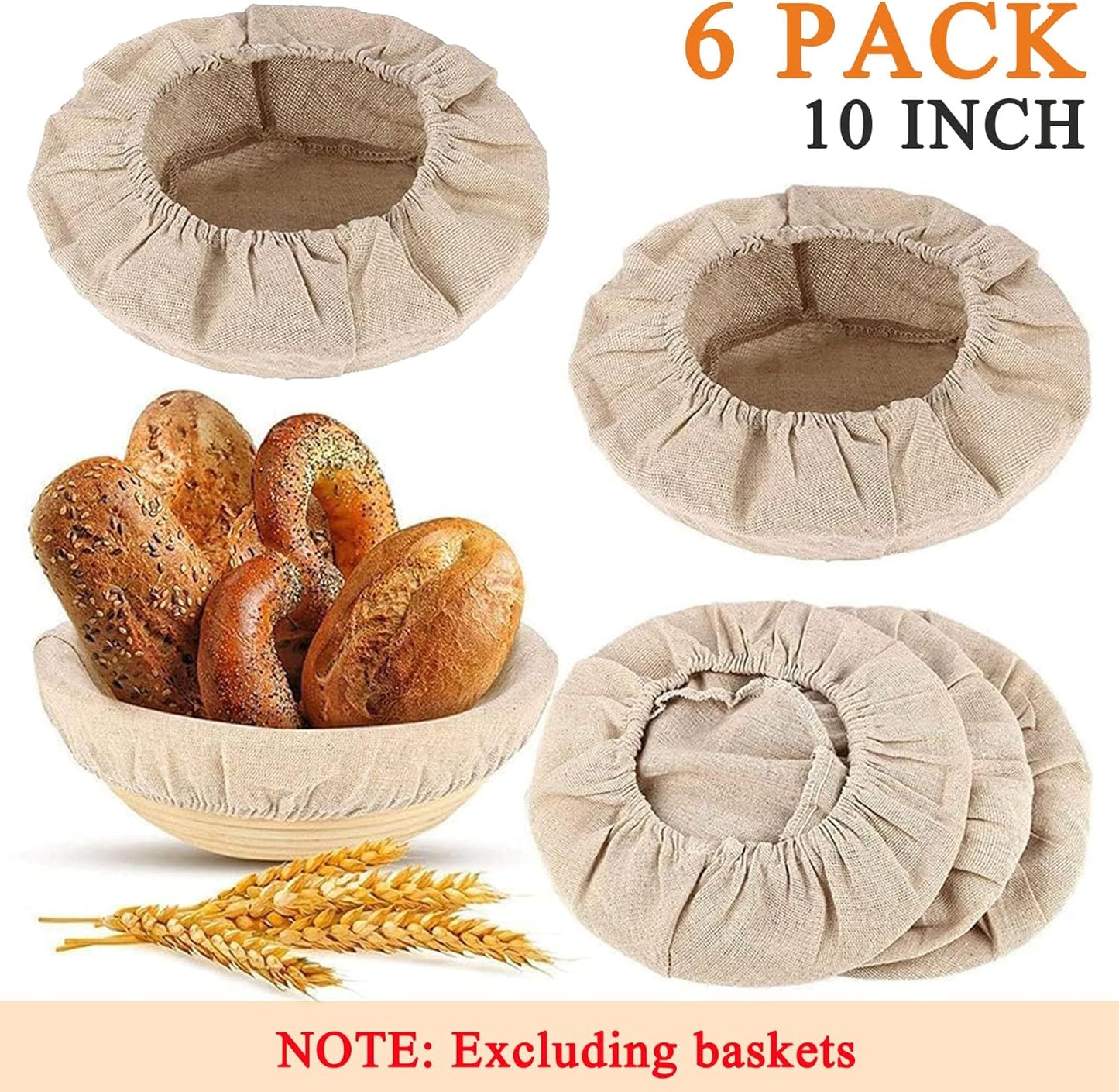 6 Packs Round Bread Proofing Basket Cloth Liner Rattan Baking Dough Basket Cover Natural Rattan Banneton (10 Inch)