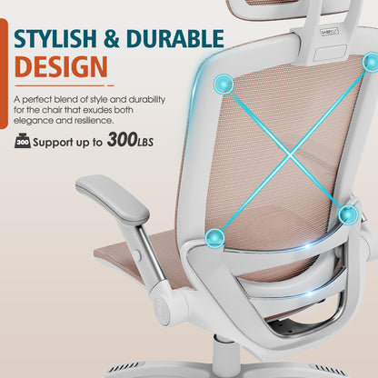 GABRYLLY Ergonomic Office Chair, High Back Home Desk Chair with Headrest, Flip-Up Arms, 90-120° Tilt Lock and Wide Cushion, 300LBS Mesh Chairs for Man Woman, White Task Chair(Pink,GY01WPK)