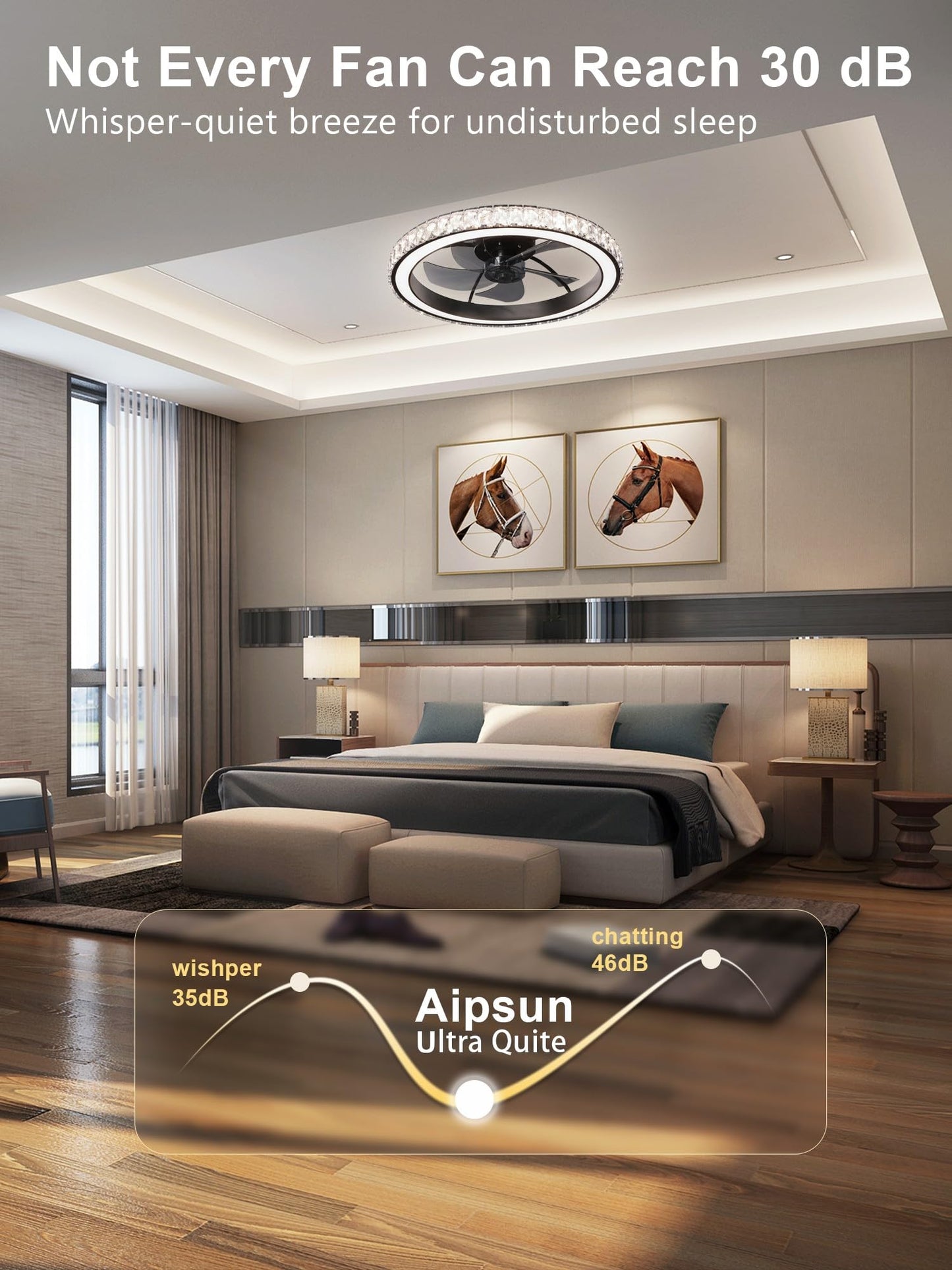 Aipsun Low Profile Modern Crystal Chandelier Ceiling Fans with Lights and Remote, 3000K-6500K Smart Bladeless LED Fan Light, 22" Black Modern Ceiling Fans with Lights for Bedroom