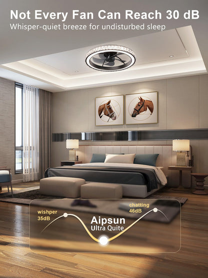Aipsun Low Profile Modern Crystal Chandelier Ceiling Fans with Lights and Remote, 3000K-6500K Smart Bladeless LED Fan Light, 22" Black Modern Ceiling Fans with Lights for Bedroom