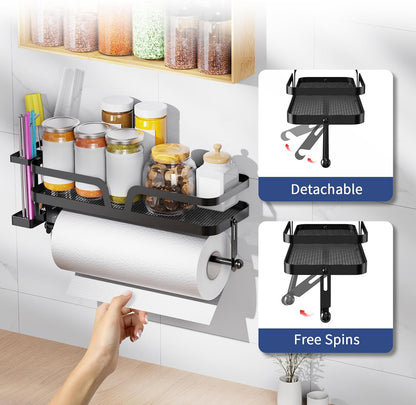 Taozun 4 Paper Towel Holder with Shelf & Side Straw Basket, Black Kitchen Paper Holder Spice Rack Black Paper Towel