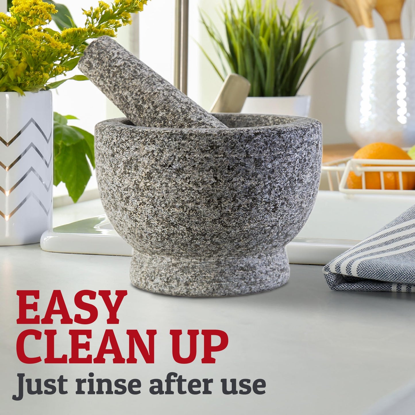 PriorityChef Large Mortar and Pestle Set, Heavy Duty Natural Granite, Make Fresh Guacamole at Home, Solid Stone Grinder Bowl, Herb Crusher, Spice Grinder, 2 Cup Size, Unpolished Grey