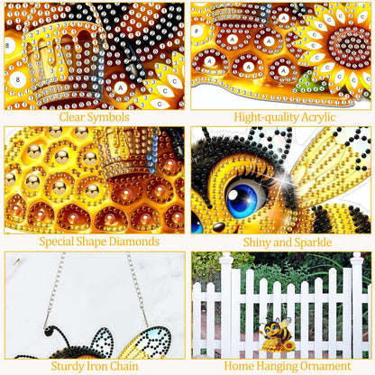 CEOVR Bee Hanging Diamond Art for Adults, Bee Honey Diamond Painting Pendant DIY Gem Art Wall Hanging Ornament, Acrylic Home Garden Decor with Chain, Box Kit 7.77×7.3inch