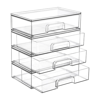 Vtopmart 12.1''W Clear Stackable Storage Drawers,4 Pack Acrylic Plastic Organizers Bins for Makeup Palettes, Cosmetics, and Beauty Supplies,Ideal for Vanity, Bathroom,Cabinet,Desk Organization