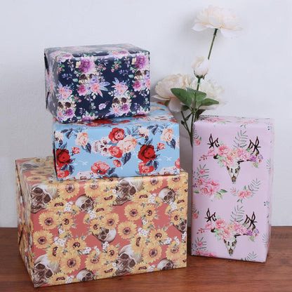 Aimyoo Gothic Skull Floral Wrapping Paper Bundle Roll, Skeleton Flowers Halloween Wrap Paper 17 in x 16 ft per Roll
