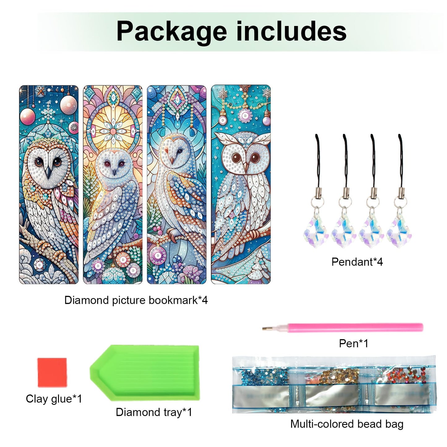 4-Piece DIY 5D Diamond Painting Bookmark Kits, Owl Special Shaped Crystal Rhinestones Book Marks, Handmade Diamond Art Bookmarks with Crystal Pendant Tassels, Decorative Craft Gift Set for Adults