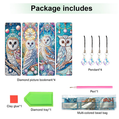 4-Piece DIY 5D Diamond Painting Bookmark Kits, Owl Special Shaped Crystal Rhinestones Book Marks, Handmade Diamond Art Bookmarks with Crystal Pendant Tassels, Decorative Craft Gift Set for Adults