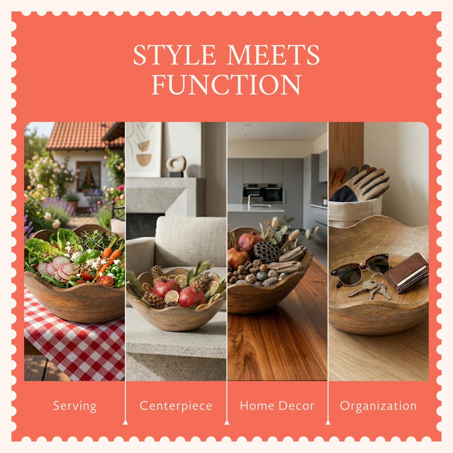 Mela Artisans 12-Inch Mango Wood Scalloped Bowl - Hand-Finished Decorative Serving and Fruit Bowl with Natural Grain for Kitchen Counter, Snacks, Desserts, Bread and Home Decor Centerpiece