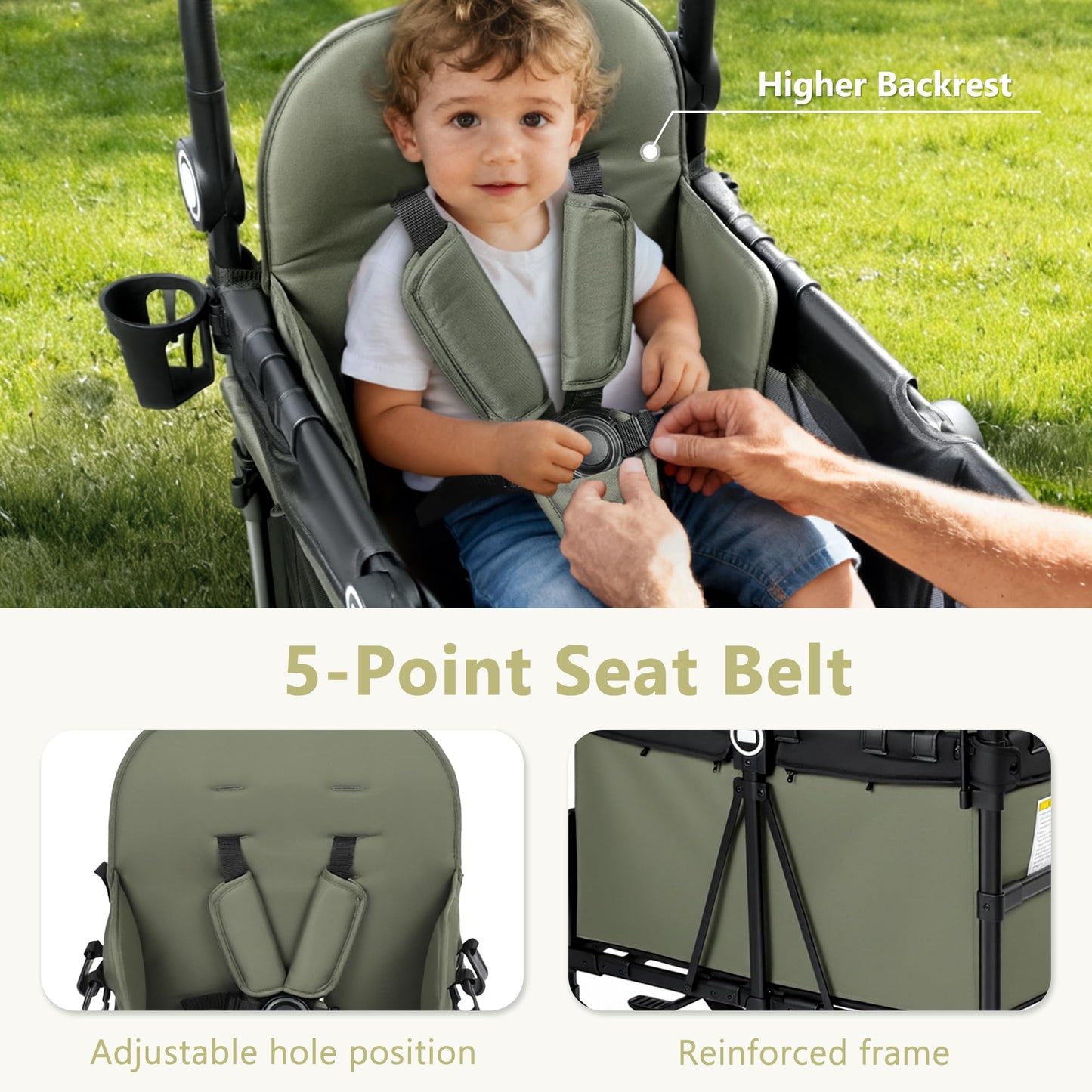 Kinder King Wagon Stroller for 2 Kids, All-Terrain Foldable Outdoor Stroller Wagon 2 Seater, Removable Canopy, Adjustable Handle, Shock-Absorbing Wheel, Detachable Tray, Large Storage, Green