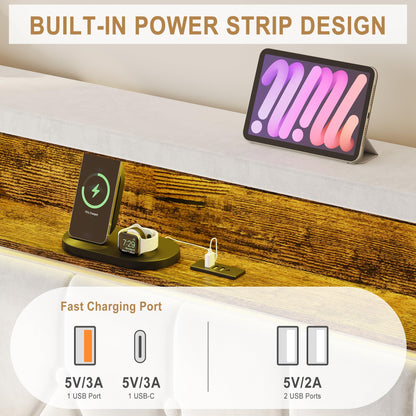 Garvee King Bed Frame with LED Light and Charging Station, Upholstered Bed Frame with Button Headboard, Wood Slat, No Box Spring Needed, Easy Assembly