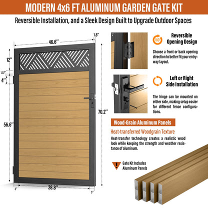 TORMIZ 4x6 FT (46.8"x70.8") All-Aluminum Fence Gate Kit with Wood-Grain Panels – Heavy Duty Anti-Sag Metal Gate Frame, Pre-Installed Left/Right Mount (All-in-One Kit, Panels Included)