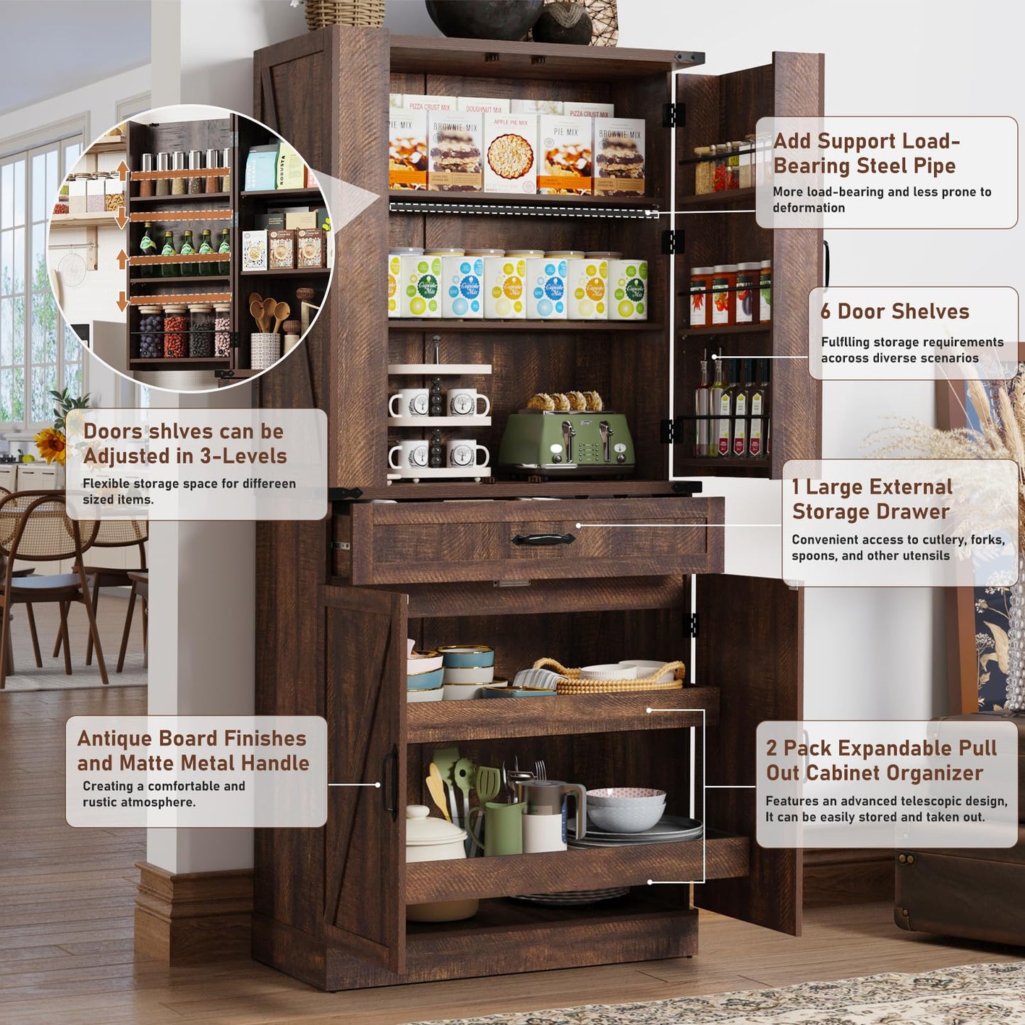71" Tall Kitchen Pantry Cabinet with 3 Drawers,Farmhouse Storage Cabinet with 6 Barn Door Shelves,with Load-Bearing Steel Pipe and Adjustable Shelves,Pantry Organizer for Kitchen,Living Room(Brown)