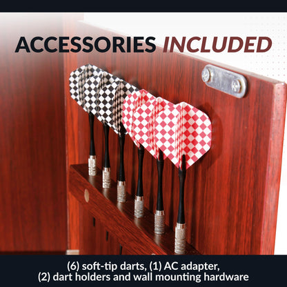 Hathaway Outlaw Electronic Dart Board Cabinet Set - 81-in Electric Dart Board with Cabinet - Professional Dart Board with 6 Soft Tip Electronic Darts, AC Adapter, and Dart Scoreboard - Cherry Finish