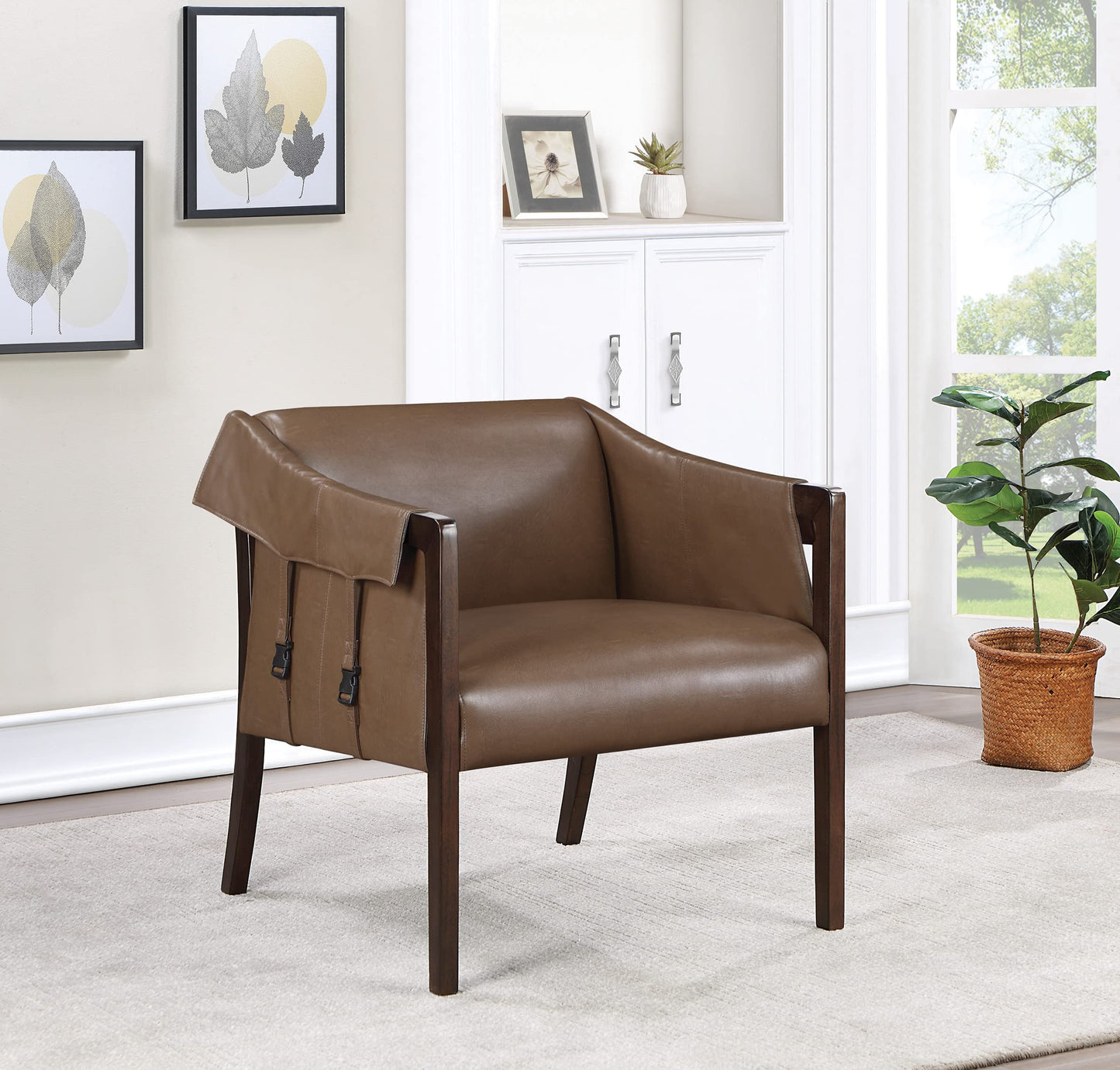 OSP Home Furnishings Parkfield Faux Leather Accent Chair with Sling Buckle Design and Solid Wood Frame, Molasses