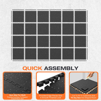 FLEXLIFT 0.56'' Thick 24 Pcs 96 Sq Ft Non-Slip Rubber Top Exercise Equipment Mats, High Density EVA Foam Mats with Rubber Top, Interlocking Puzzle Gym Flooring for Home Gym, Workout Floor Mats, Black