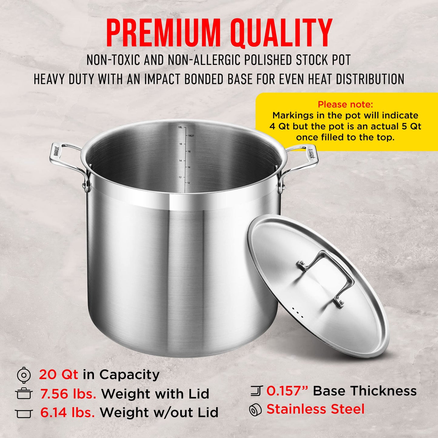Stainless Steel Stockpot with Lid 20 Quart, Durable 18/8 Stainless Steel, Impact-Bonded Base for Even Heating, Riveted Handles, Oven & All Stove Compatible, Safe Up To 500°F (260°C)