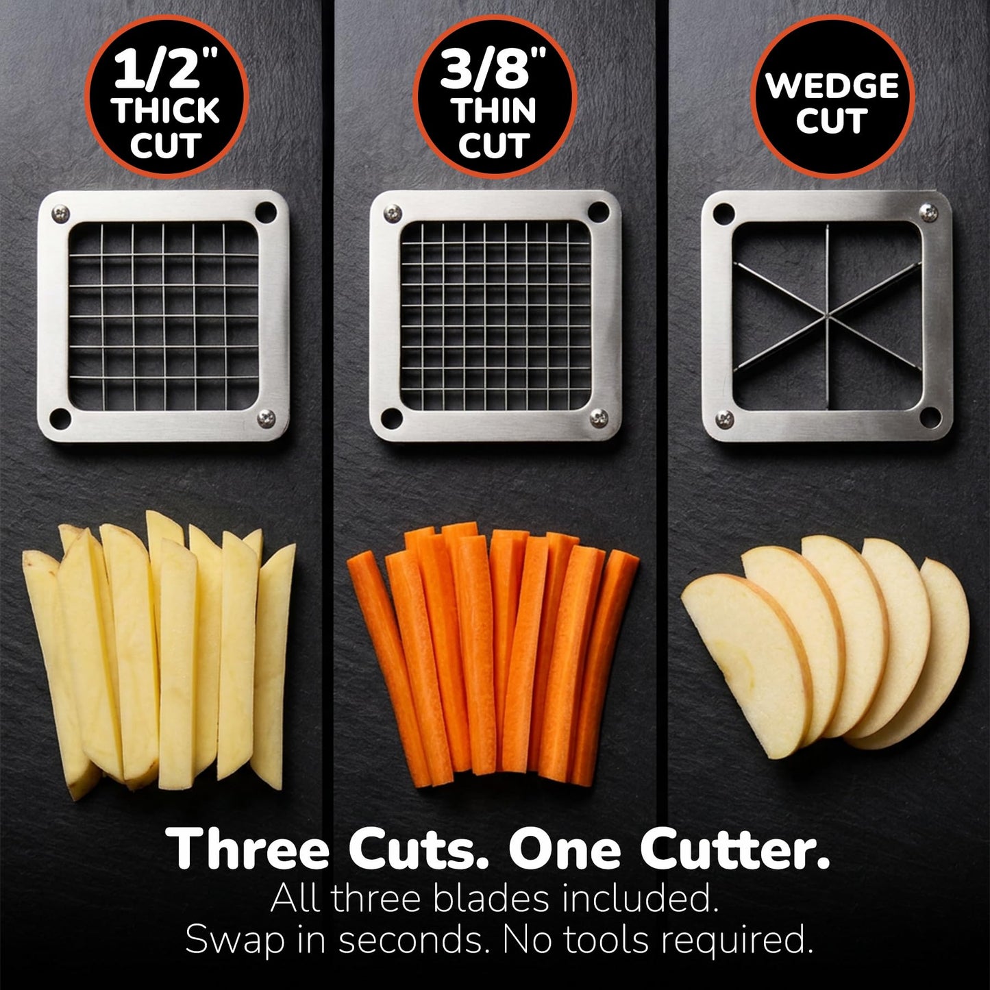 Commercial Grade French Fry Cutter, Sweet Potato & Yam Capable, Removable Legs and Case for Compact Storage, 3 Blade Sizes (1/4"- 3/8"- 6-Wedge), Potato, Fruit and Vegetable Slicer & Dicer by POP